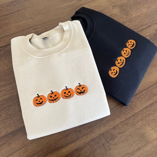 Discover Embroidered Pumpkin Sweatshirt, Halloween, Jack-o-Lantern Shirt, Fall Sweatshirt, Spooky Season Shirt, Halloween Sweatshirt