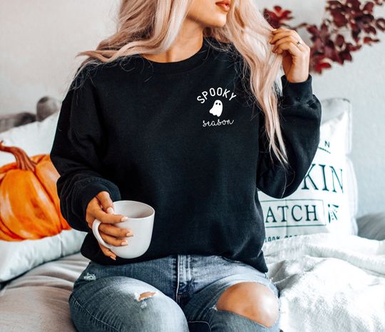 Discover Spooky Season Sweatshirt, Crewneck Sweatshirt, Spooky Sweatshirt, Halloween, Ghost, Black, PSL, Pumpkin Fall, Cute and Scary, Autumn Shirt