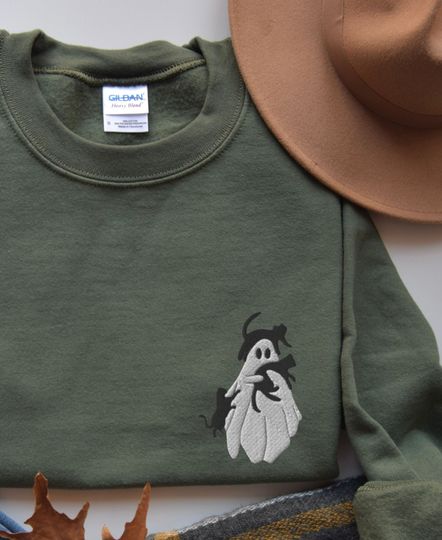 Embroidered Halloween Sweatshirt, Halloween Embroidered Sweatshirt, Ghost Holding Black Cats Crewneck, Spooky Season Sweater, Cat Lover Gift