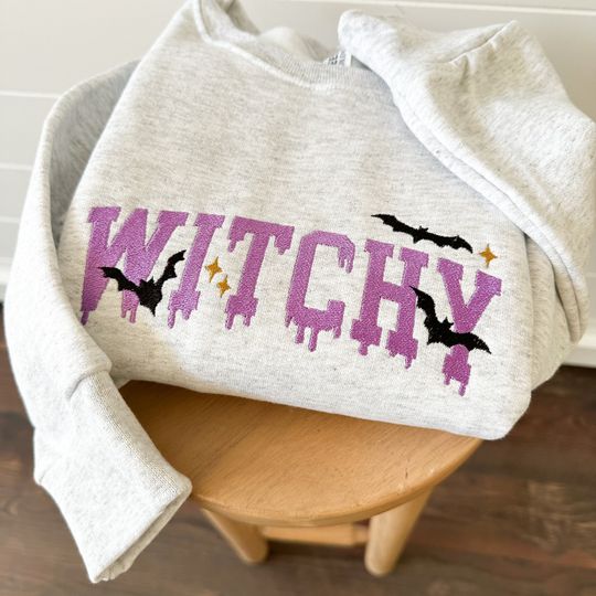 Discover Embroidered Halloween Witchy Sweatshirt - Halloween Themed Spooky Pullover - Cute Halloween Crewneck Sweater