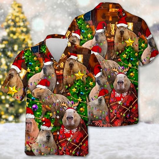 Discover Capybara Santa Hat Christmas Hawaii Shirt, Capybara Xmas Party Button Up Shirt