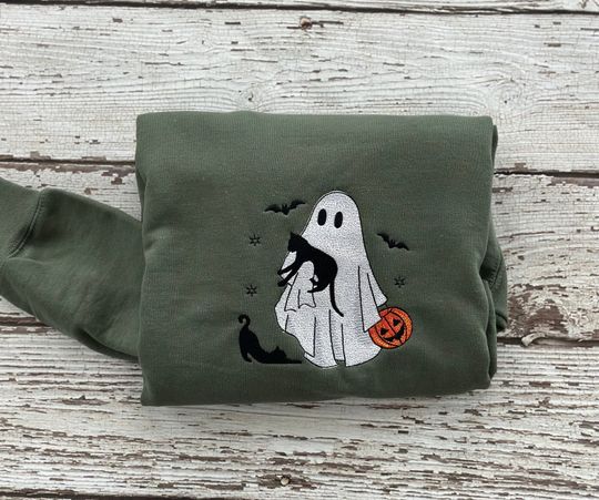 Discover Halloween Embroidered Sweatshirt Halloween Sweatshirt Ghost with cats bats and pumpkin