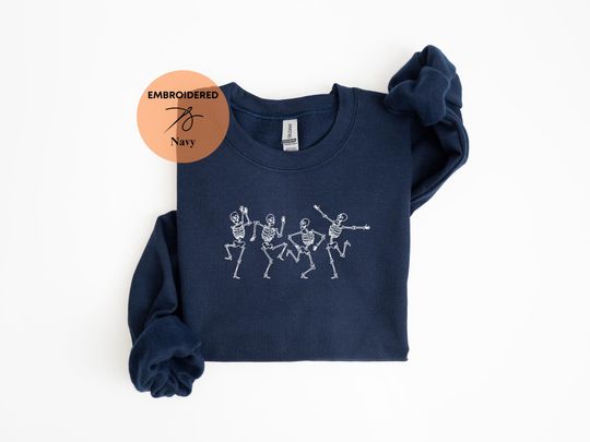 Discover Dancing Skeletons Sweatshirt, Embroidered Halloween Sweatshirt, Fall Sweatshirt, Spooky Season Sweatshirts, Embroidery Skeleton Shirt