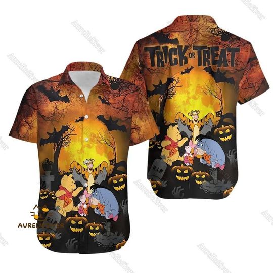 Discover Winnie The Pooh Halloween Button Shirt, Pooh Bear Horror Hawaiian Shirt