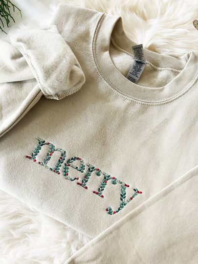 Discover Embroidered Floral Merry Christmas Sweatshirt, Embroidered Christmas Crewneck Sweatshirt, Embroidered Floral Sweater, Custom Xmas Gift