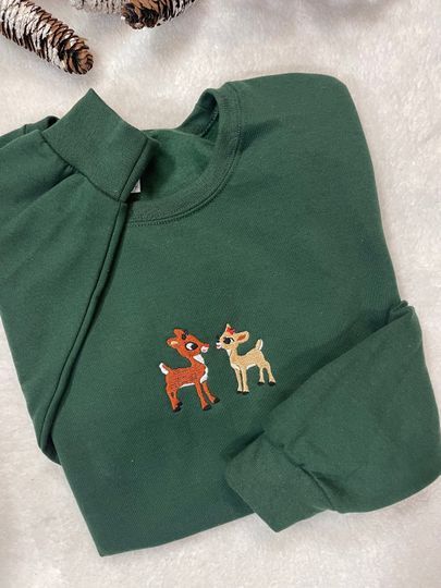 Rudolph and Clarice Embroidered Christmas Crewneck Sweatshirt, Matching Couples, 50/50 Cotton Poly Blend