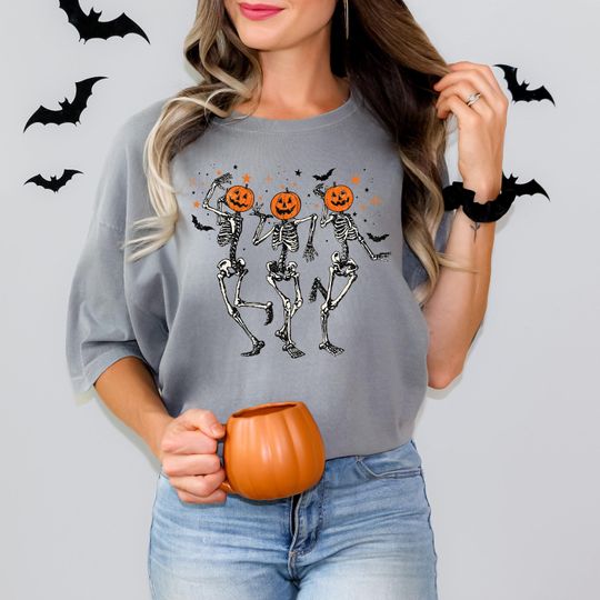 Discover Comfort Colors Dancing Skeleton Pumpkin Shirt, Retro Halloween Women's Shirt, Funny Fall Halloween Party TShirt, Spooky Season Skeleton Tee