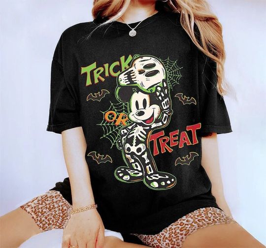 Discover Retro Mickey Halloween Trick Or Treat Shirt, Mickey Skeleton Comfort Colors Shirt, Disney Halloween Shirt,Mickeys Not so Scary Halloween Tee