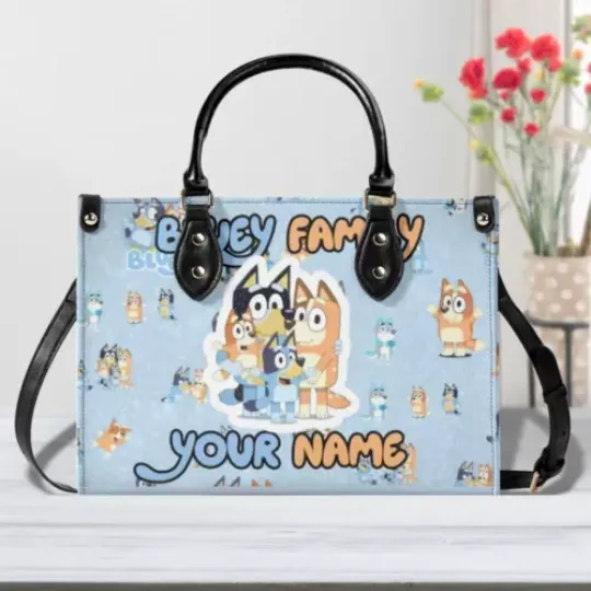 Personalized BlueyDad Family Luxury Women PU Leather Handbag, Natural Material,