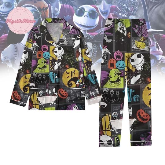Halloween Jack And Sally Pajamas Set, Disney Skeleton Holiday Pajamas