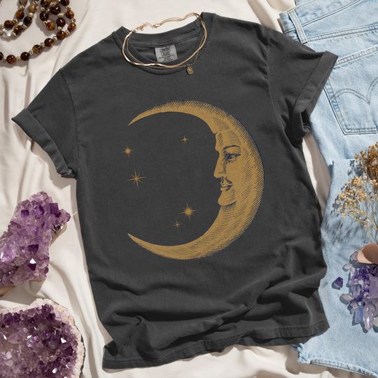 Discover Boho Moon Shirt, Retro Comfort Colors TShirt for Women, Spiritual Astrology T Shirt, Vintage Graphic Tee, Celestial Trendy Yoga Shirt Gift