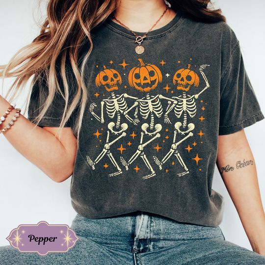 Discover Pumpkin Skeleton Halloween Shirt, Pumpkin Halloween Tee, Halloween Skeleton Tee, Pumpkin Shirt, Spooky Season T-Shirt, Fall Shirt for Women