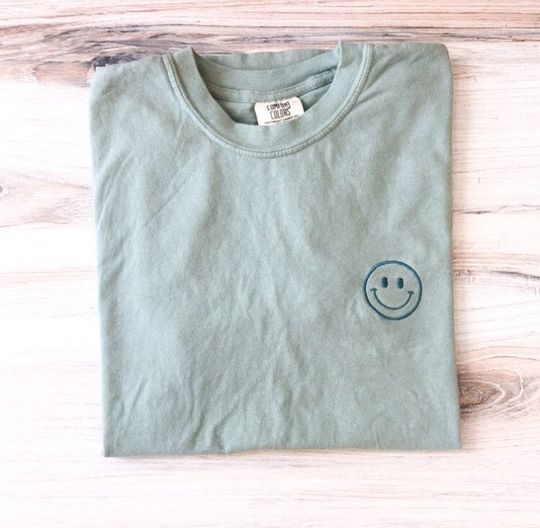 Discover Happy Face Comfort Colors Tee, Smile Shirt, Happy T-Shirt, Embroidered Tee, Embroidered Shirt, Custom Shirt, Retro Happy Face Shirt
