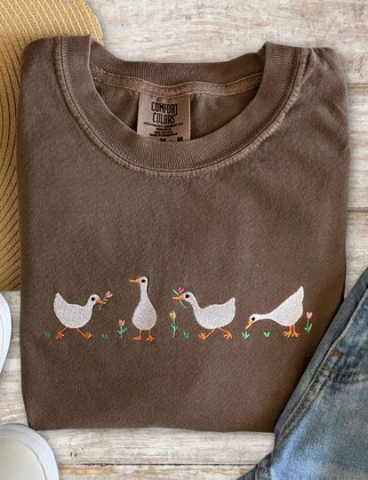 Discover Geese and Spring Tulips Embroidered Comfort Colors T-shirt, Flowers, Nature Tee, Cottagecore, Gift