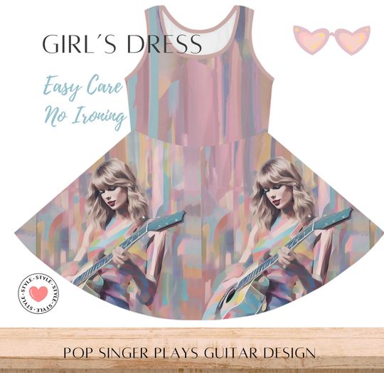 Discover Plays Guitar Taylor Inspired Summer Dresses for Girl's Eras Tour Outfit Merch Girl Bestie Birthday Sleeveless Pink Skater Dress for Daughter