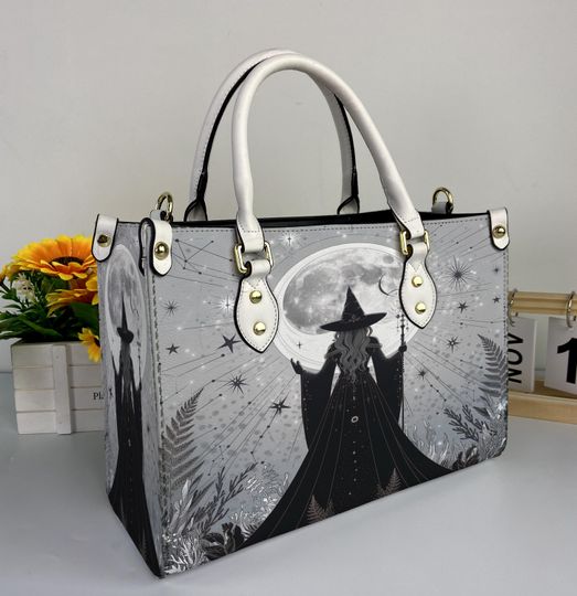 Witch Spooky Halloween Leather Handbag, Witch Halloween Leather Bag, Shoulder Bag, Crossbody Bag, Top Handle Bag