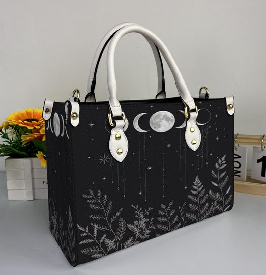Discover Sun and Moon Halloween Leather Handbag, Sun and Moon Halloween Leather Bag, Shoulder Bag, Crossbody Bag, Top Handle Bag