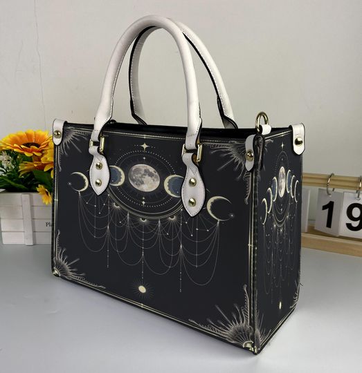Discover Sun and Moon Halloween Leather Handbag, Sun and Moon Halloween Leather Bag, Shoulder Bag, Crossbody Bag, Top Handle Bag