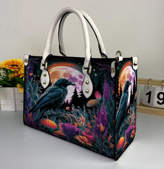 Discover Witchy Crow Halloween Leather Handbag, Witchy Crow Halloween Leather Bag, Shoulder Bag, Crossbody Bag, Top Handle Bag