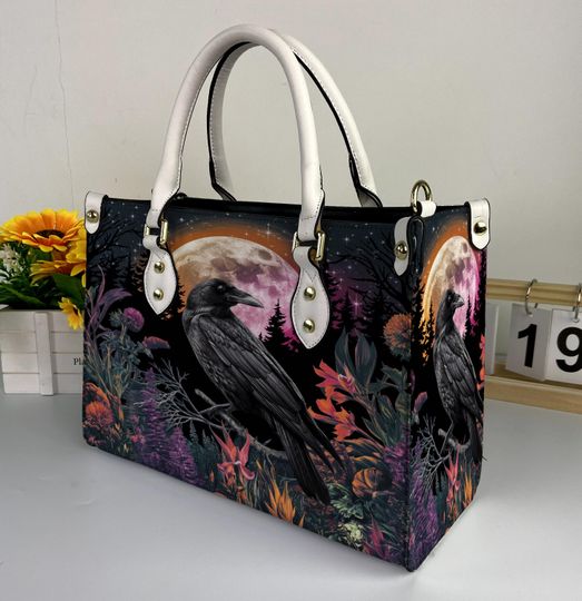 Witchy Crow Halloween Leather Handbag, Witchy Crow Halloween Leather Bag, Shoulder Bag, Crossbody Bag, Top Handle Bag