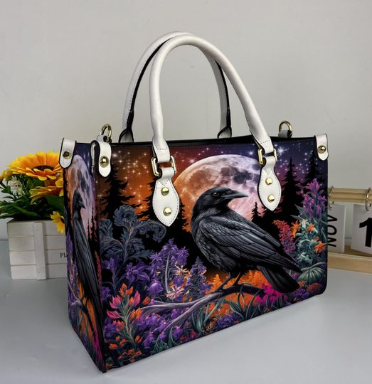Discover Witchy Crow Halloween Leather Handbag, Witchy Crow Halloween Leather Bag, Shoulder Bag, Crossbody Bag, Top Handle Bag