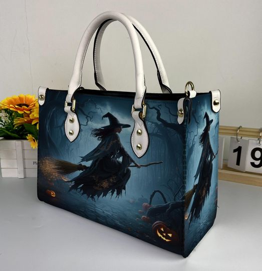 Witch Spooky Halloween Leather Handbag, Witch Halloween Leather Bag, Shoulder Bag, Crossbody Bag, Top Handle Bag
