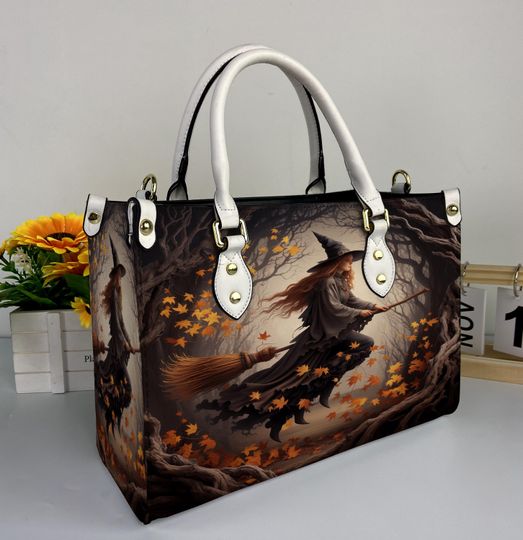 Witch Spooky Halloween Leather Handbag, Witch Halloween Leather Bag, Shoulder Bag, Crossbody Bag, Top Handle Bag