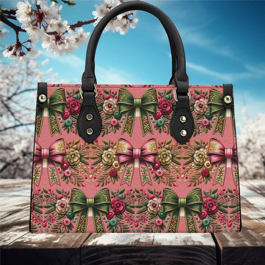 Discover Christmas winter Handbag shoulder purse tote Vegan leather whimsical fall winter Coquette Bow Holiday design pinkish color cute fun