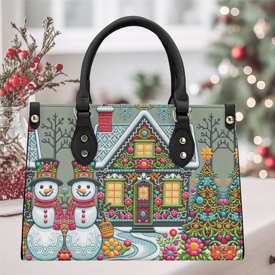 Christmas Holiday handbag shoulder bag tote purse winter Snowman whimsical cottage core house design fall Vegan leather cute fun