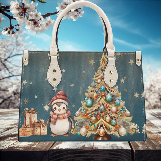 Discover Christmas Tree holiday winter Handbag shoulder purse tote Vegan leather Christmas tree snowman Holiday design cute fun bag