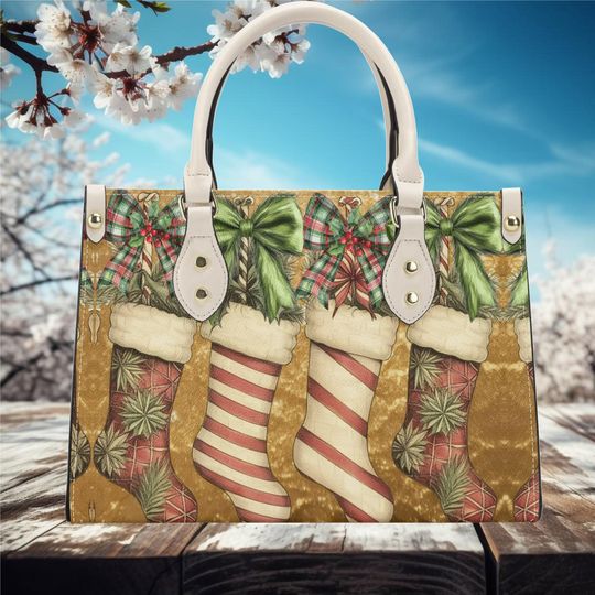Discover Christmas winter Handbag shoulder purse tote Vegan leather whimsical fall winter stockings Coquette Bow Holiday design cute fun