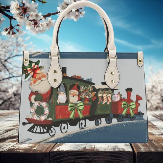 Christmas winter Handbag shoulder purse tote Vegan leather whimsical Holiday winter scene Santa's train Coquette Bow Holiday design