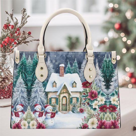 Christmas winter Handbag shoulder purse tote Vegan leather whimsical Holiday winter scene Snowmen reading books cottage core design