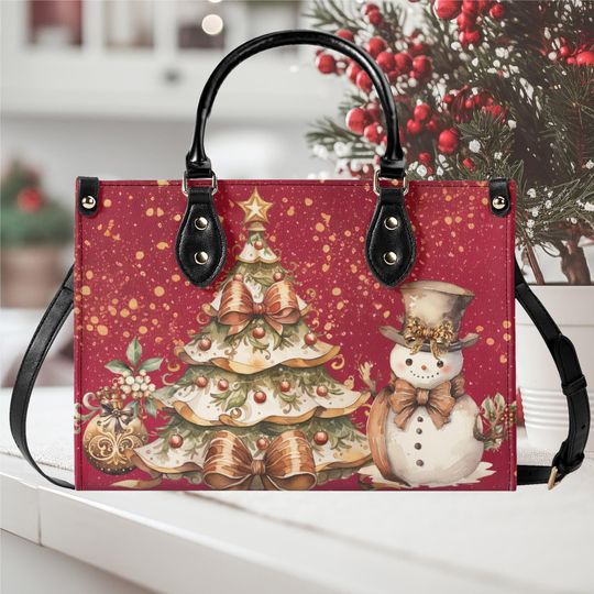 Christmas Luxury Women vegan leather Handbag tote purse 3 sizes fall winter Holiday Coquette Bow Christmas tree snowman gold design