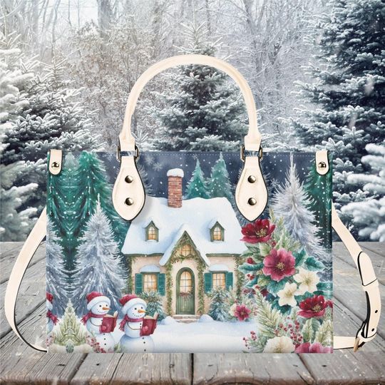 Discover Christmas Luxury Women vegan leather Handbag tote purse 3 sizes fall winter Cottage core snowmen reading books Holiday design cute fun bag