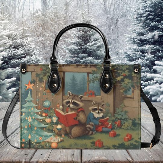 Christmas Luxury Women vegan leather Handbag tote purse 3 sizes fall winter Holiday Christmas Tree Racoon reading books cottage core design