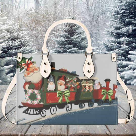 Christmas Luxury Women vegan leather Handbag tote purse 3 sizes fall winter Santa's train Coquette Bow Holiday design cute fun bag