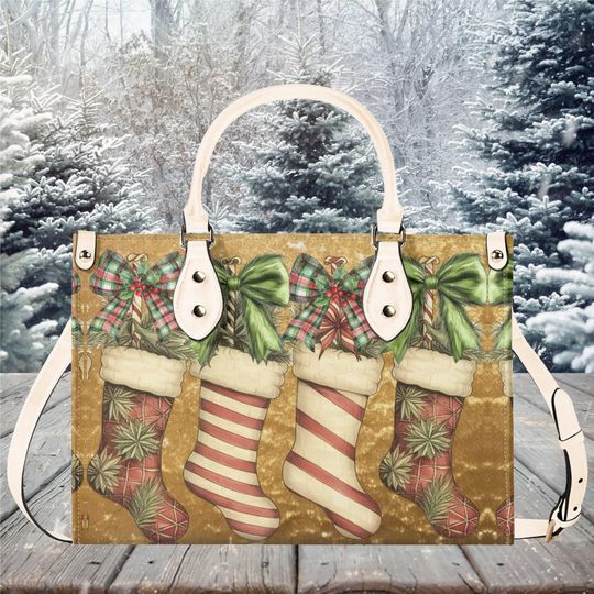 Christmas Luxury Women vegan leather Handbag tote purse 3 sizes fall winter stockings Coquette Bow gold Holiday design cute fun bag