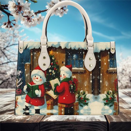 Discover Christmas winter Handbag shoulder purse tote Vegan leather whimsical Holiday winter scene Snowmen book reading old fashion