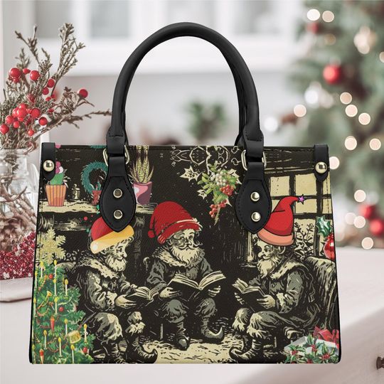 Discover Christmas winter Handbag shoulder purse tote Vegan leather Elfs whimsical Holiday book reading old fashion