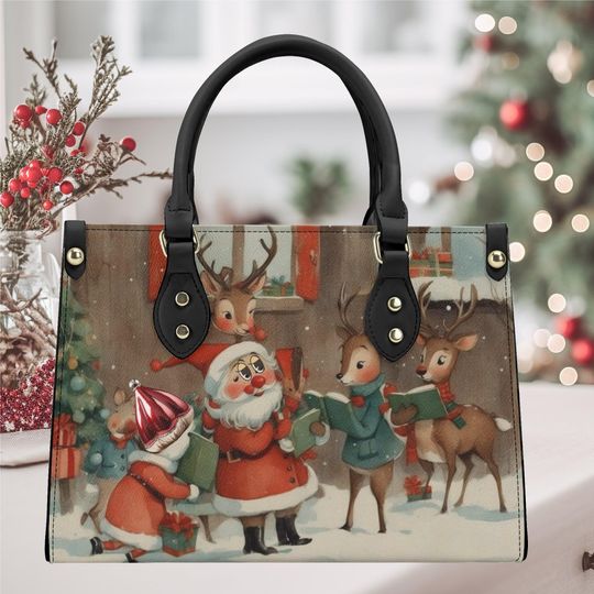 Discover Handbag shoulder purse tote Vegan leather whimsical Holiday Santa Claus reindeer reading books old fashion Christmas winter