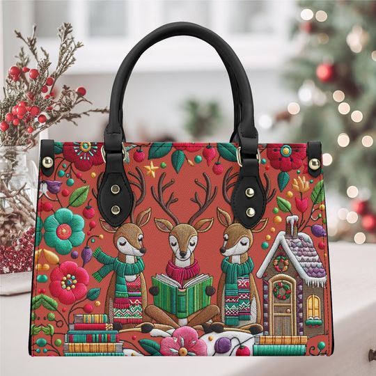 Discover Handbag shoulder purse tote Vegan leather whimsical fun cute Holiday reindeer reading books old fashion Christmas winter