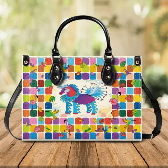 Discover Luxury Woman Leather Handbag  Bag Featuring Colorful Surreal Horse for