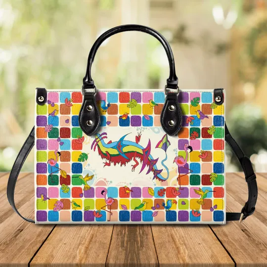 Discover Elegant Woman Handbag Leather Bag Colorful Surreal Geckos Design
