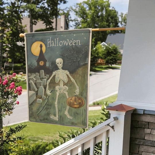 Skeleton Halloween  Flag, Retro Graveyard Decor, Spooky Skeleton and Pumpkin Outdoor Flag, Halloween Yard Decoration, Fall Lawn Decor