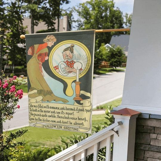 Halloween  Flag, Halloween Mirror Reflection with Poem, Outdoor Fall Yard Decor, Trick-or-Treat  Flag, Whimsical Halloween Flag