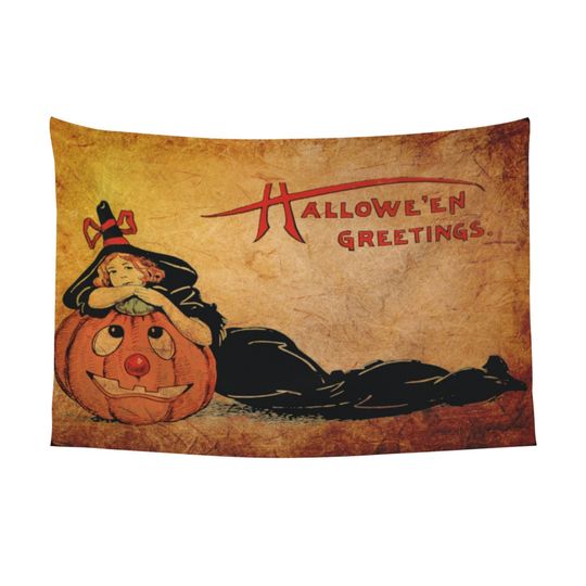 Vintage Halloween Witch Tapestry, Halloween Witch Wall Decor, Whimsical Wall Tapestry, Halloween Night Party Backdrop, Happy Halloween Flag