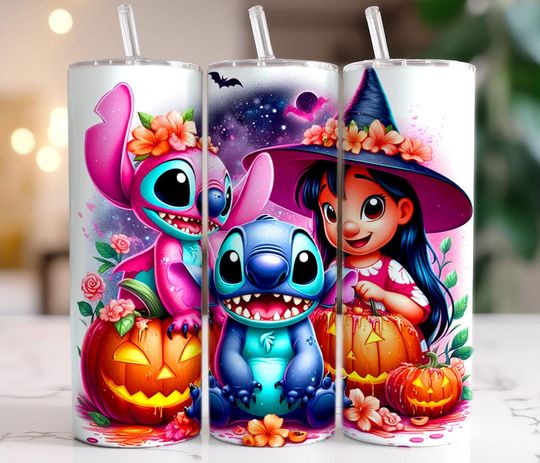 Discover Stitch Lilo Halloween Tumbler, Couple Halloween Spooky VibesDesign, Magic Kingdom Sublimation Wrap, Horror Couple Tumbler Png Downloa