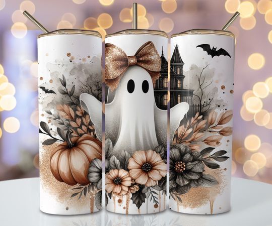 Discover Bronze Halloween Ghost Tumbler Wrap, 20oz Skinny Sublimation Tumbler Design, Spooky Sublimation Design Png, Cute Halloween Tumbler Png Wrap