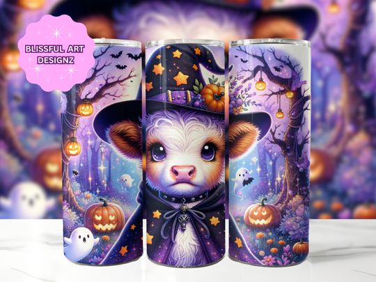 Discover Cute Spooky Halloween Highland Cow 20 oz Skinny Tumbler Sublimation Design, Highland Cow Tumbler Wrap, Halloween Tumbler Wrap